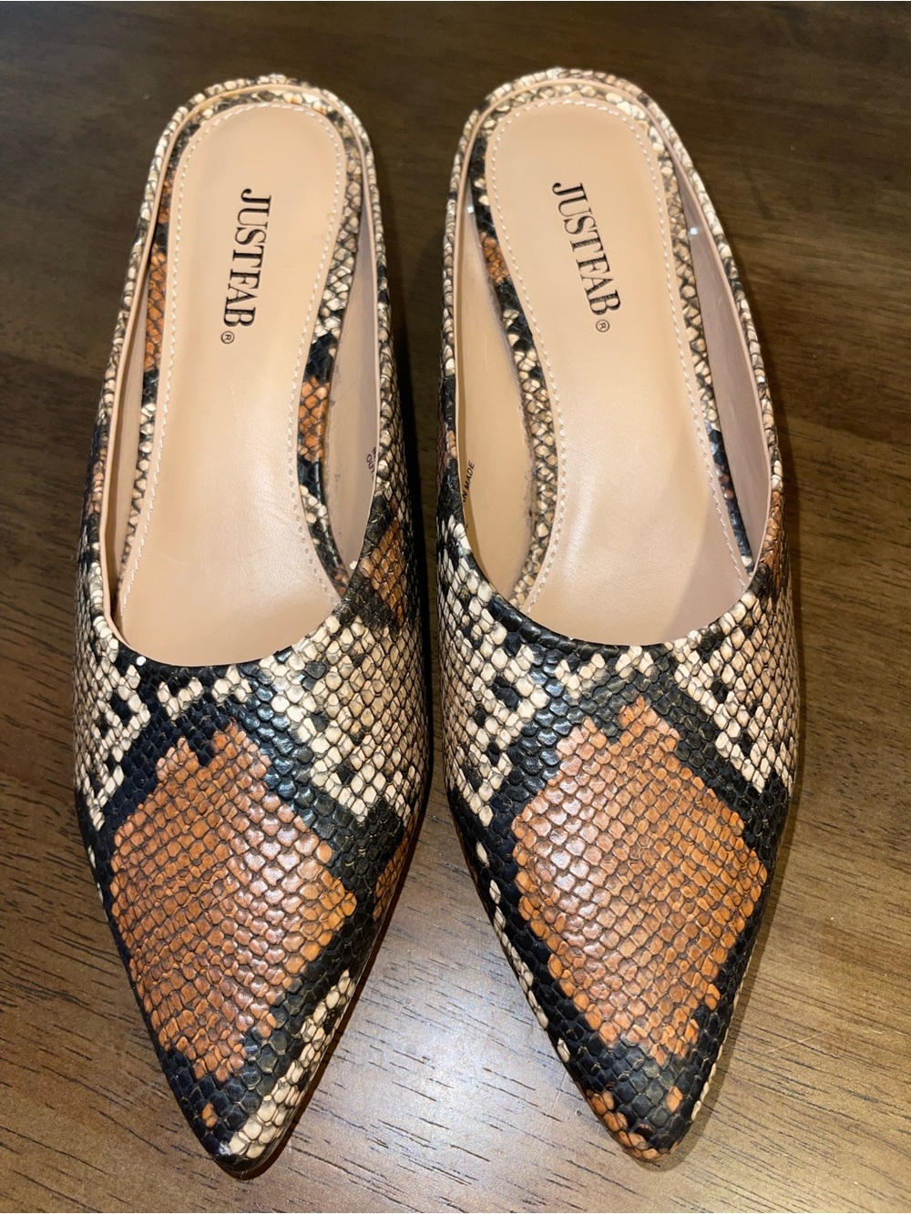 JustFab Pointed Toe Snake-Print Mules in Brown and Black size 6